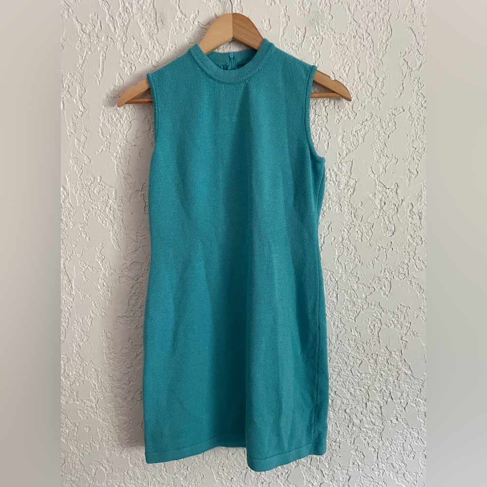 Vintage St. John Collection Marie Gray Teal knit sweater shift dress size Small